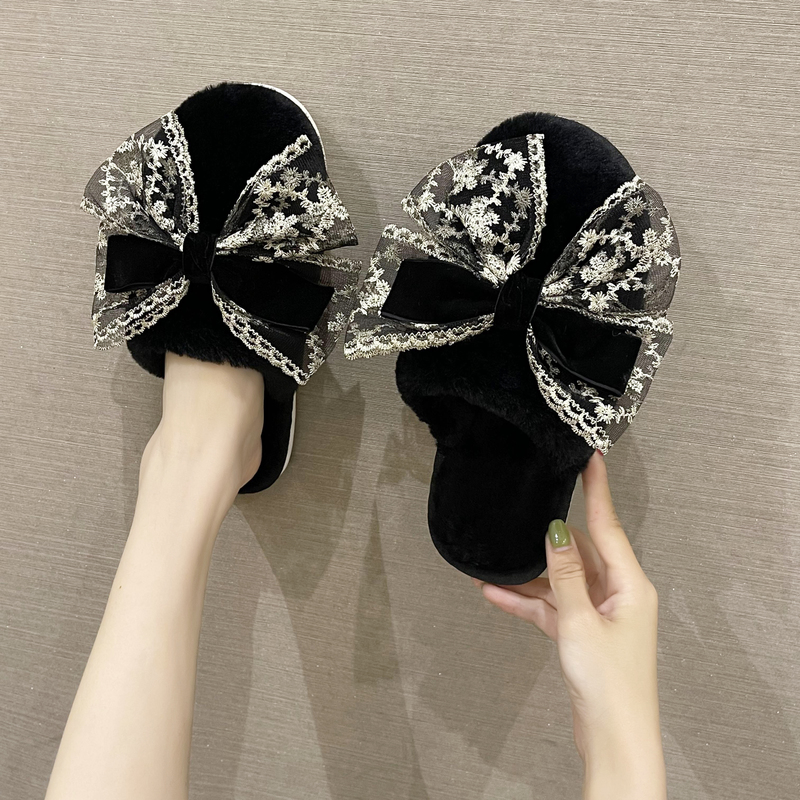 温柔欧根纱蕾丝蝴蝶结拖鞋女冬季厚底包头软底毛绒绒棉拖鞋家居鞋
