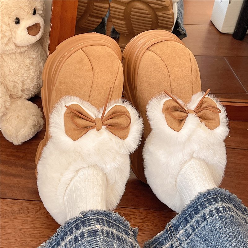 简约可爱蝴蝶结棉鞋女冬季外穿厚底防滑舒适加绒保暖毛绒绒雪地靴