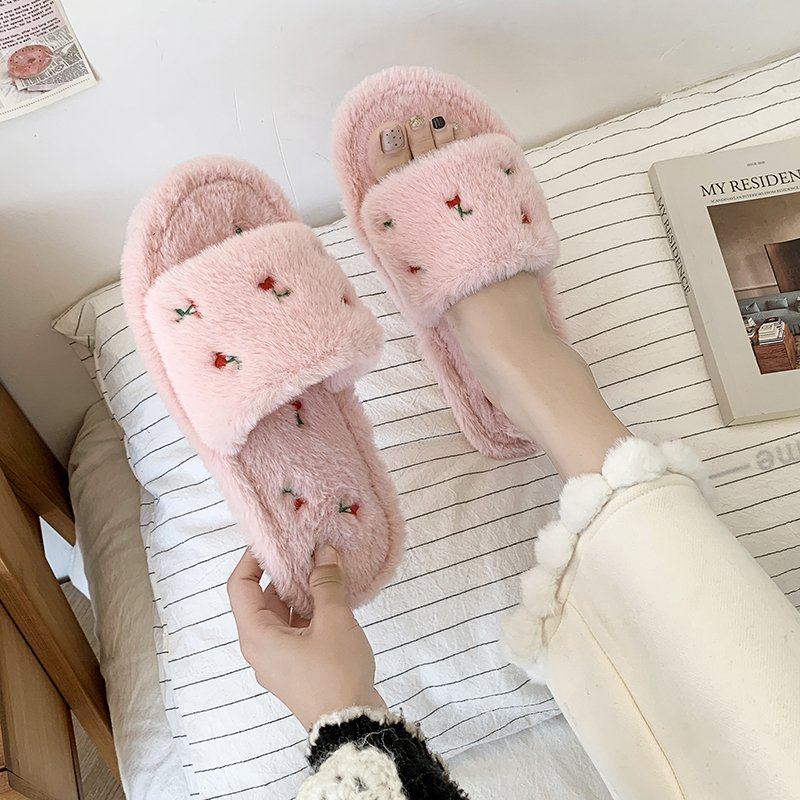 可爱元气小清新刺绣樱桃毛绒绒拖鞋女秋冬居家软底防滑甜美毛毛拖