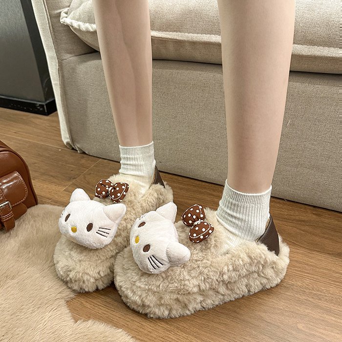 气质可爱高颜值凯蒂猫加绒毛毛鞋女秋冬季外穿厚底增高防滑棉鞋