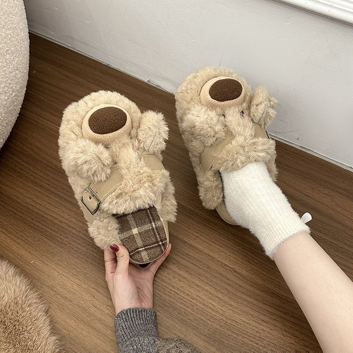 萌里萌气可爱减龄小熊毛绒绒拖鞋女秋冬季外穿软底防滑加绒棉拖鞋