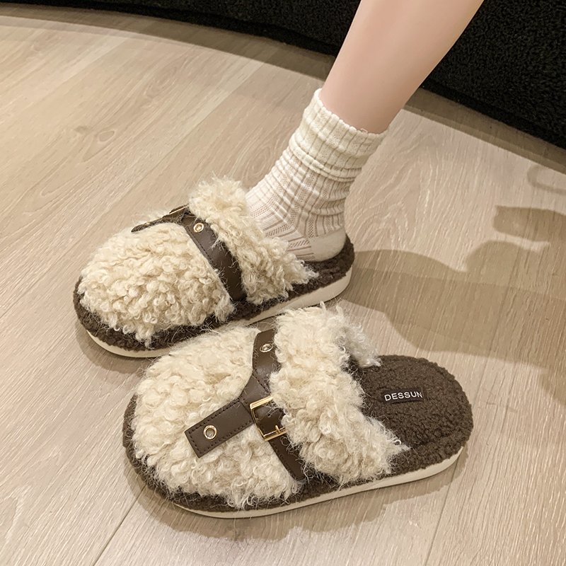 高颜值时尚气质毛绒绒拖鞋女秋冬居家软底防滑舒适加绒保暖棉拖鞋