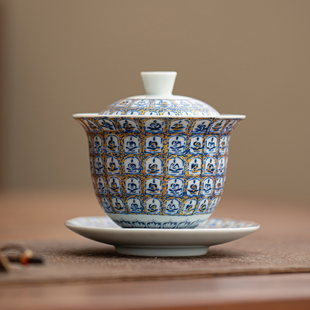 青花汝窑三才盖碗茶杯单个高档带盖家用万佛丰亭功夫泡茶碗三件套