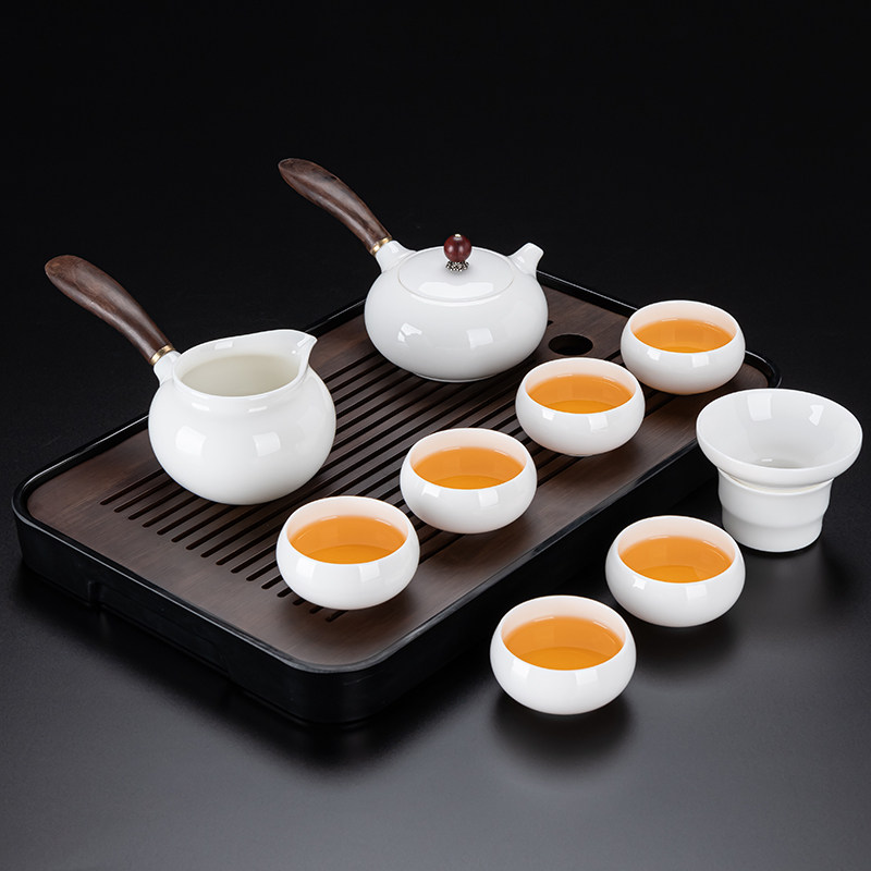 白瓷茶具套装家用高档羊脂玉瓷陶瓷盖碗侧把茶壶茶V杯整套汉白玉