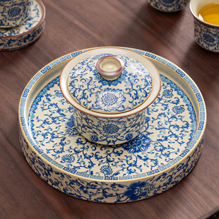 青花盖碗三才茶碗带盖茶杯大号单个高档汝窑茶具功夫茶泡茶三件套