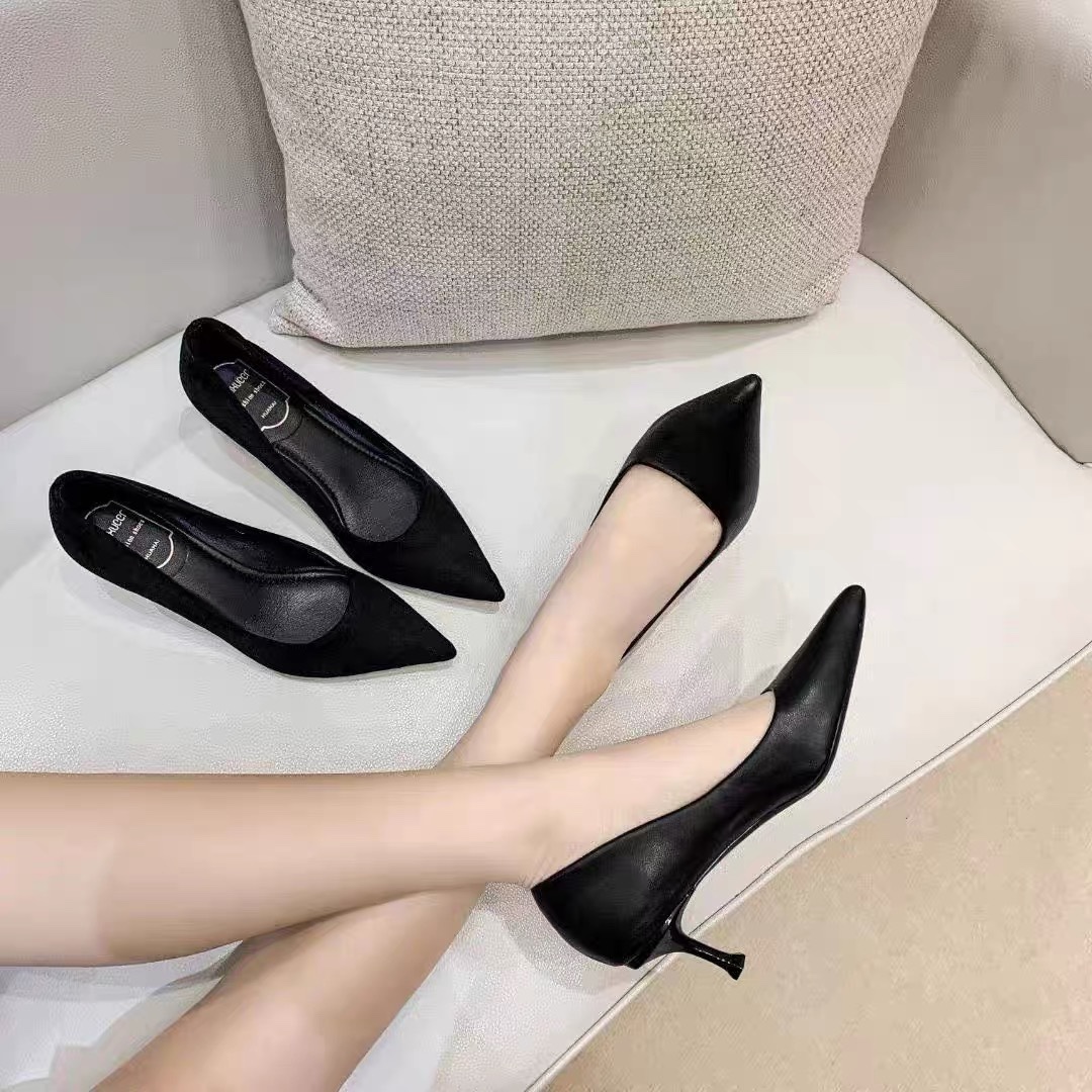 夏雪儿高跟鞋女2025年新款夏季黑色软皮细跟尖头职业中跟工作单鞋