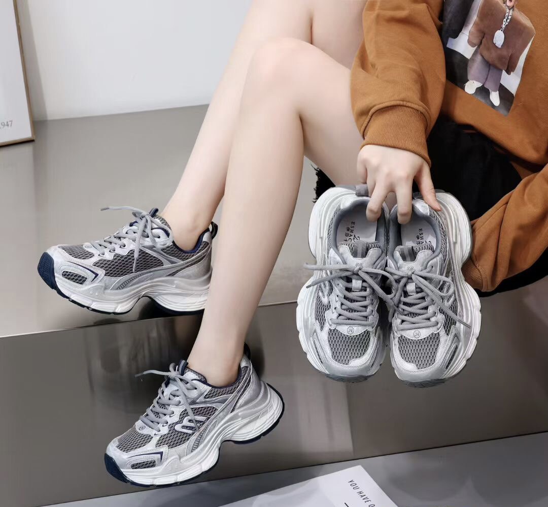 青春莹真皮老爹鞋2026春秋新款厚底增高网面复古百搭休闲运动鞋女