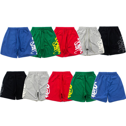 美式高街潮牌SYNAWORLD Drill风发泡字母印花宽松休闲五分短裤男