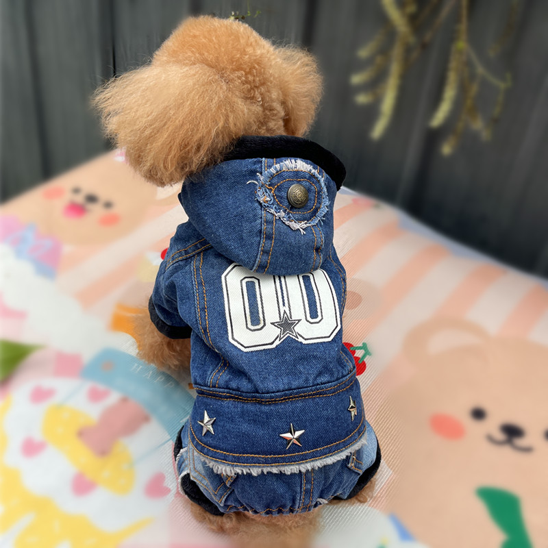 特价宠物衣服秋冬装泰迪比熊博美小型犬四脚衣加绒狗狗牛仔衣棉衣