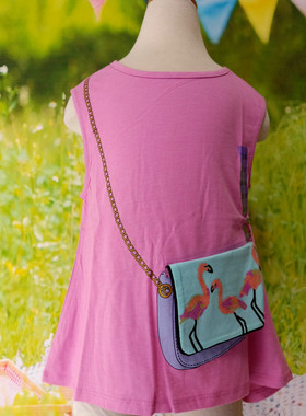 断码特价y单无袖T恤女童夏装粉红上衣小背包图案口袋火烈鸟夏季