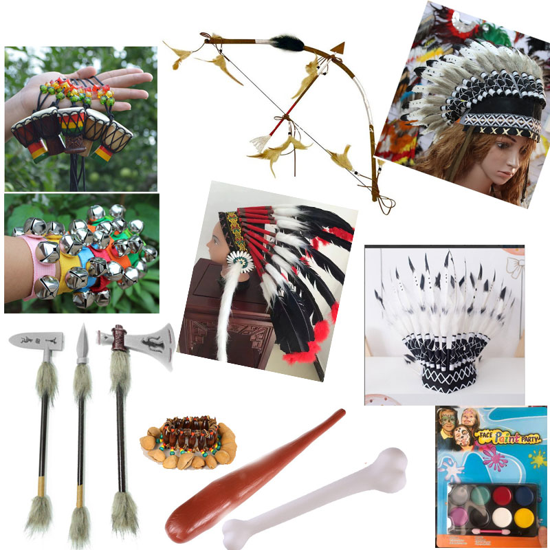 非洲鼓配饰野人羽毛头饰奥尔夫腕铃原始人骨头棒矛印第安酋长头饰
