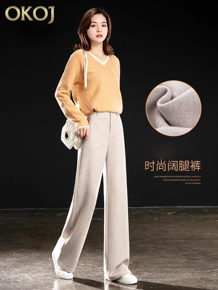 米色人字纹毛呢阔腿裤女秋冬款高腰窄版垂感直筒裤休闲舒适拖地裤