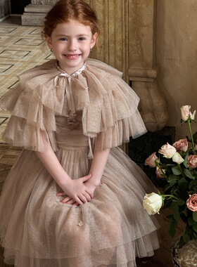 秋季女童网纱亮片公主裙 女童生日披肩斗篷裙子套装