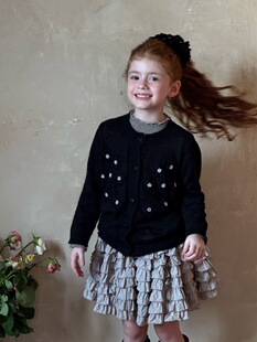 秋季女童手钩花朵钉珠毛衣开衫外套 女童法式复古风毛衣