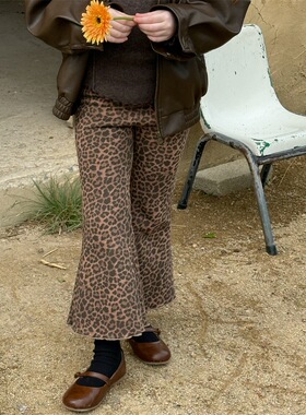 冬季韩版儿童复合一体绒加厚豹纹裤子 女童洋气高腰喇叭裤