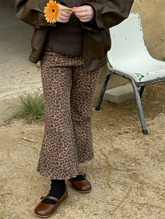 冬季韩版儿童复合一体绒加厚豹纹裤子 女童洋气高腰喇叭裤