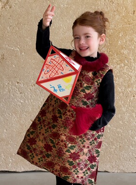 冬女童真兔毛锦缎花卉无袖拜年服 女童新中式夹棉旗袍裙