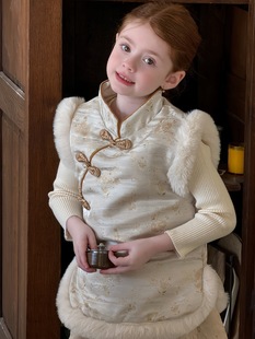 女童拜年服2025新中式 马甲 女童夹棉加厚复古文艺淡雅新中式