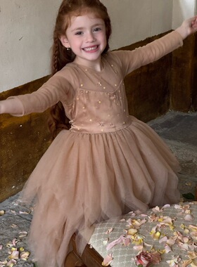 秋季女童连衣裙长袖tutu裙公主裙生日蓬蓬裙手工订珠网纱裙
