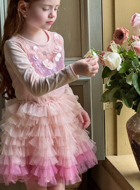 秋女童长袖TUTU网纱公主裙  女童手工亮片生日蛋糕裙子