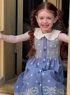 夏季新品女童打揽重工刺绣连衣裙  北欧女童田园风无袖连衣裙