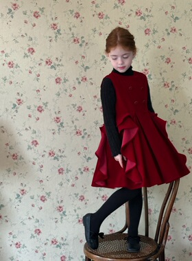 冬季 韩版女童复古背心裙女童丝绒气质荷叶边拜年裙子