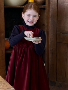 女童立体花朵背心裙 复古连衣裙 冬季 女童全棉天鹅绒法式