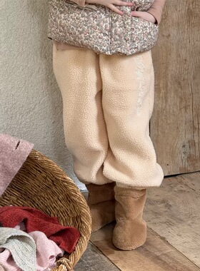 儿童羊羔绒保暖加绒裤子女童刺绣宽松直筒束脚卫裤休闲运动裤