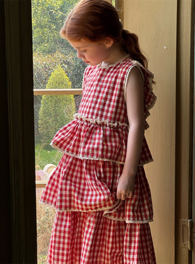 夏季新品女童格子蛋糕连衣裙 女童花边露背森系复古无袖裙子