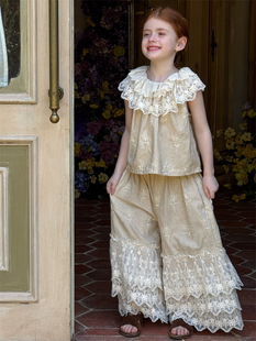 夏季新品女童蕾丝花边亚麻无袖衬衫 花边裤子两件套 女童套装
