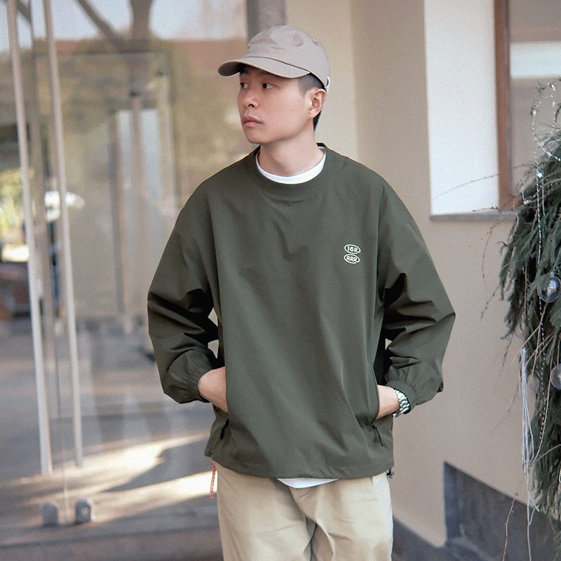rebirth长袖梭织圆领卫衣男日系ins百搭纯色宽松廓形刺绣军绿外衣