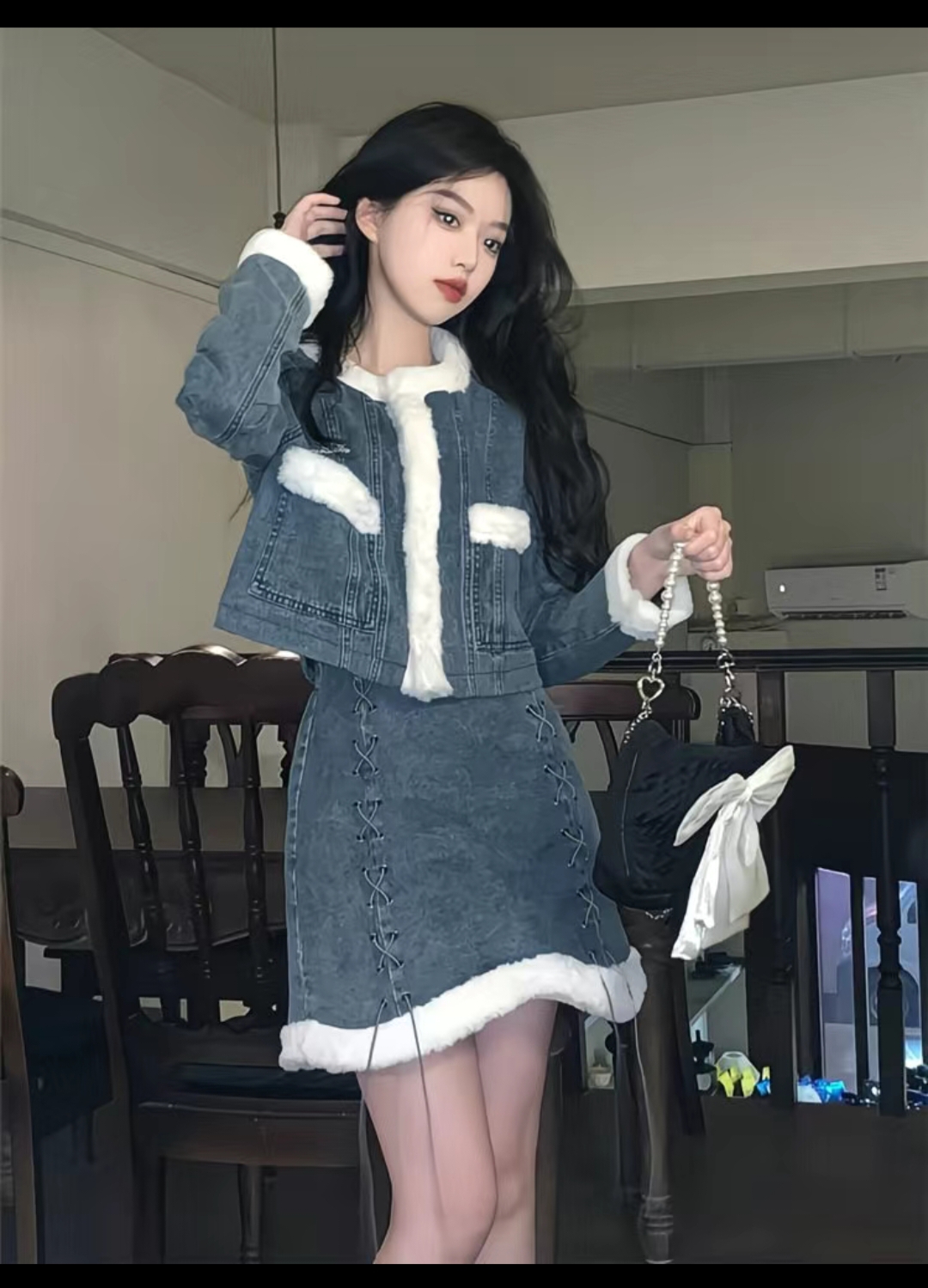 美式辣妹拼接兔毛牛仔外套套装女学院风设计感A字绑带短裙两件套