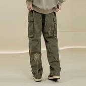 烦恼 子男 秋冬加绒直筒宽松长裤 Octopusl国潮迷彩椰树刺绣工装 裤