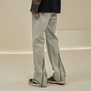 直筒宽松vibe高街复古长裤 微喇拉链伐木裤 子男 Octopusl美式 烦恼
