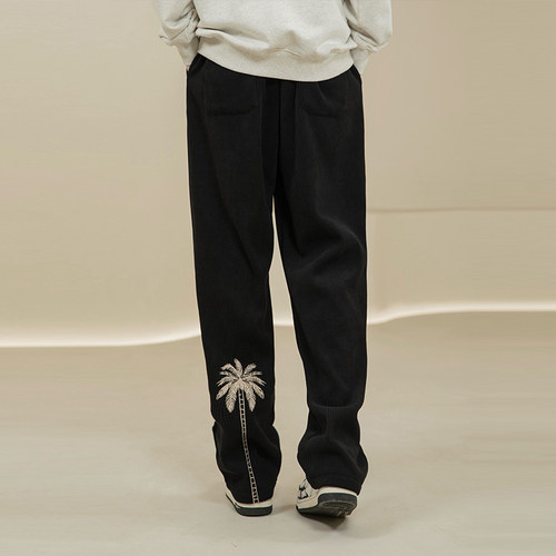 烦恼的Octopusl秋冬美式椰树刺绣灯芯绒长裤直筒宽松垂感长裤子男