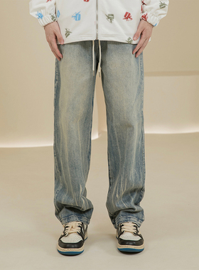 烦恼的Octopusl复古水洗扎染牛仔裤美式直筒宽松休闲vibe长裤子男