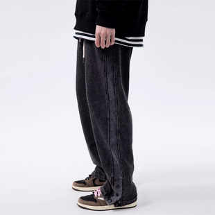 欧美vibe高街简约直筒做旧卫裤 垂感纽扣长裤 男 Octopusl美式 烦恼