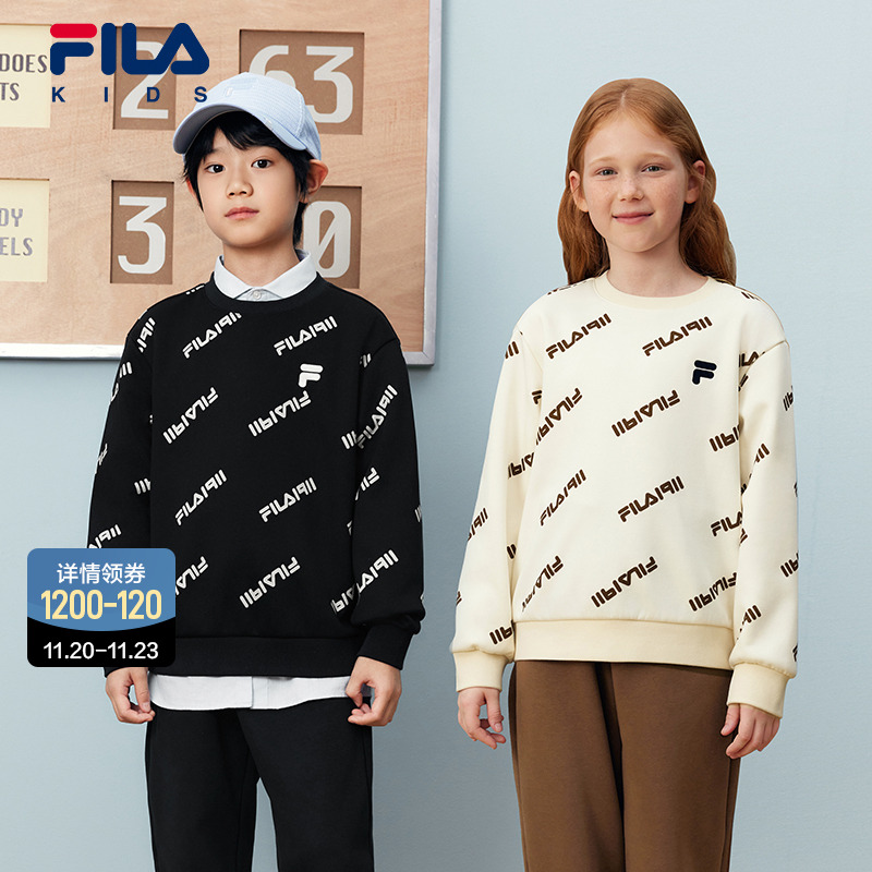 FILA斐乐儿童加绒老花套头卫衣2025年冬季新款男女童圆领满印上衣