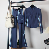 高腰喇叭裤 款 显瘦舞蹈晨跑步紧身拉链三件套 女春季 瑜伽服运动套装