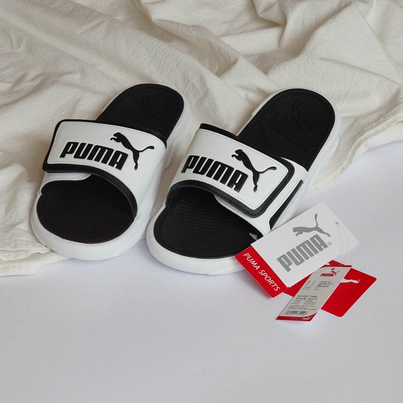 彪马PUMA 男女同款魔术贴拖鞋 黑白运动沙滩情侣一字拖凉拖372280
