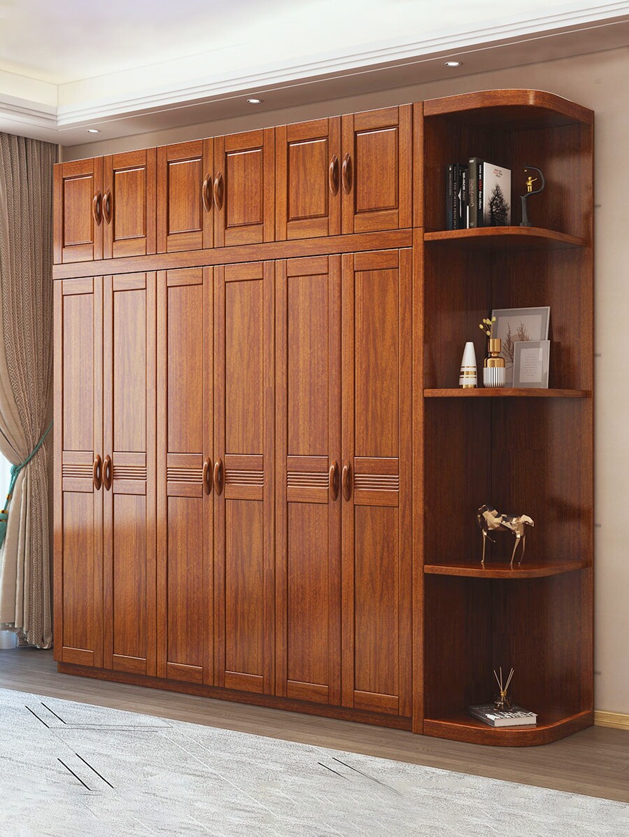 Walnut wardrobe Household bedroom wardrobe Solid wood combination 3 doors 4 doors plus top storage cabinet Modern simple wooden cabinet