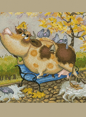 弹弹十字绣 D1309长椅上的奶牛 自配DMC/R线十字绣套件 非印花