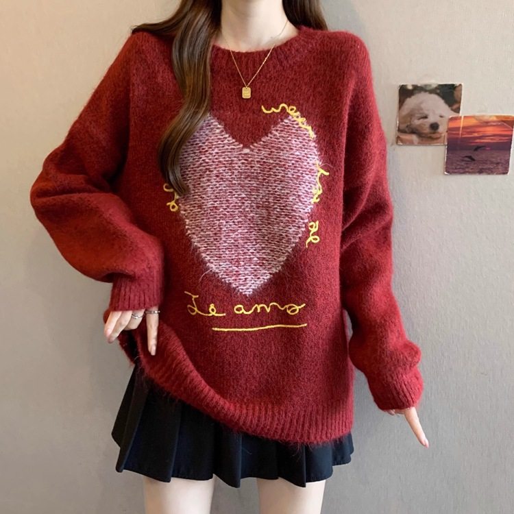 洋气过年爱心刺绣红色毛衣女秋冬大码胖妹妹爆款时尚显瘦软糯上衣,女装/女士精品,毛衣,淘宝优惠券,粉丝福利购,淘宝优惠卷