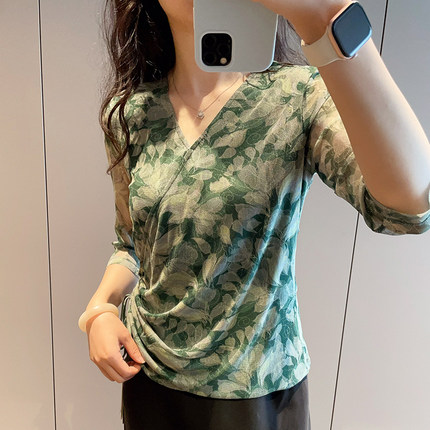 气质百搭V领真丝针织七分袖上衣设计感褶皱抽绳收腰显瘦桑蚕丝T恤
