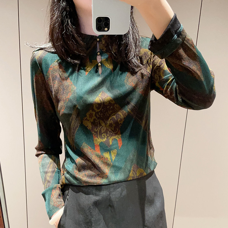 2025春新品气质休闲真丝网眼印花立领长袖T恤女真丝针织套头上衣
