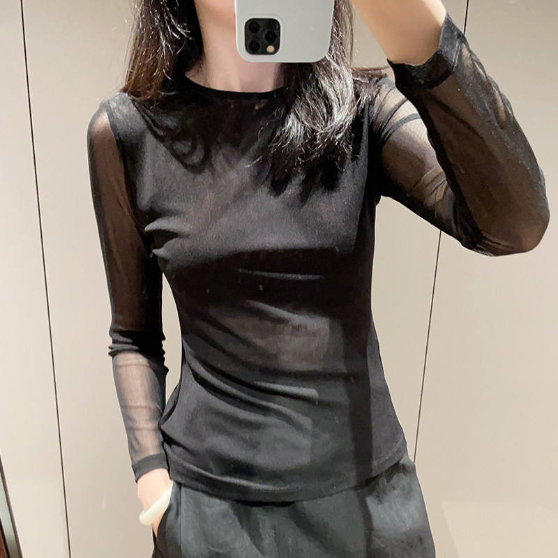 黑色双层真丝网眼针织上衣女圆领