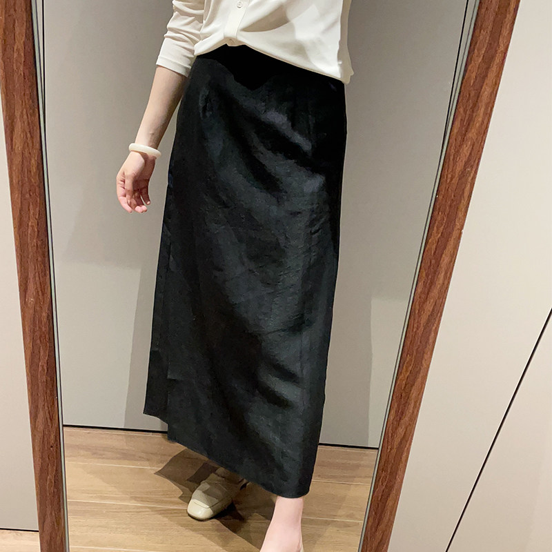 2025夏季黑色真丝龟裂纹香云纱半身裙高级感气质显瘦桑蚕丝中长裙