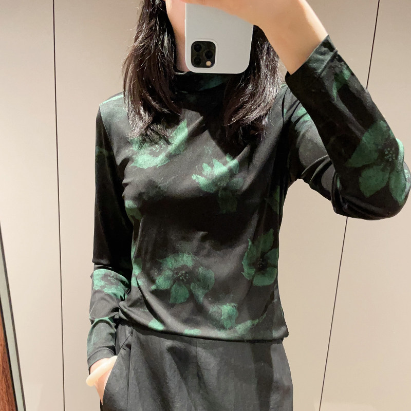 新品堆堆领独特漂亮黑底绿晕真丝针织上衣减龄气质桑蚕丝长袖T恤
