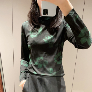 新品堆堆领独特漂亮黑底绿晕真丝针织上衣减龄气质桑蚕丝长袖T恤