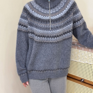 秋冬新款立领半拉链拉绒加厚羊毛外套女灰色长袖纯羊毛针织打底衫